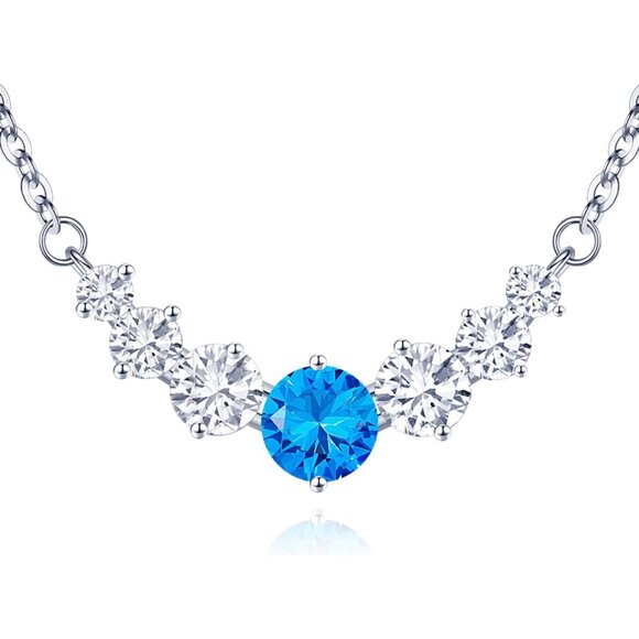 Women's Moissanite Birthstone Pendant Sterling Silver Gold Plating Blue Necklace - Picture 1 of 6